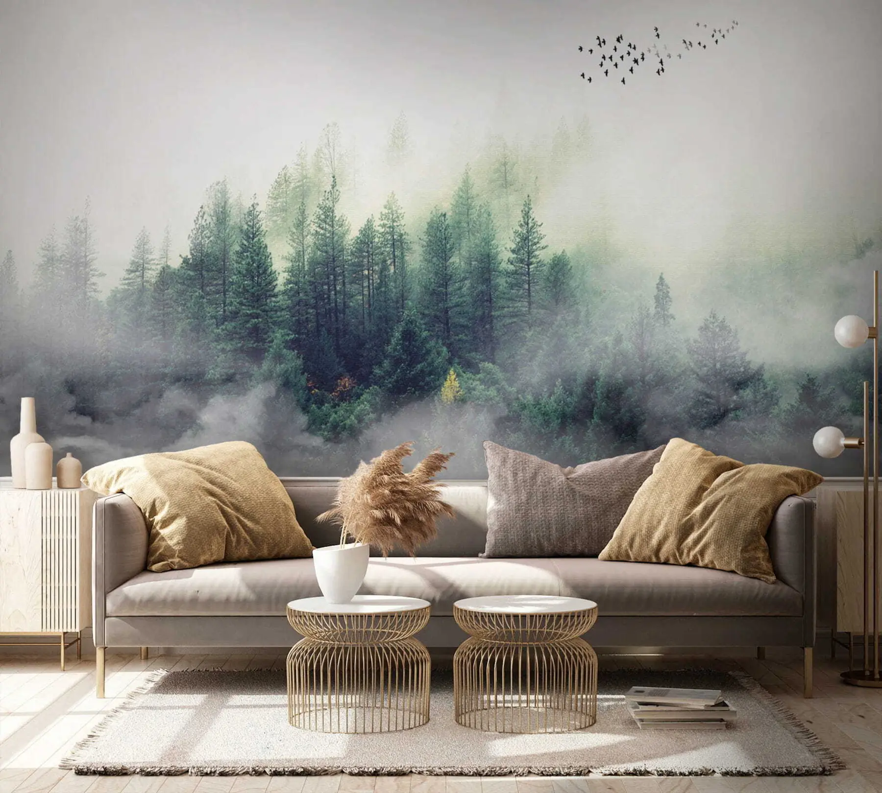 τοιχογραφίες Δάσος και πουλιά στην ομίχλη u10882