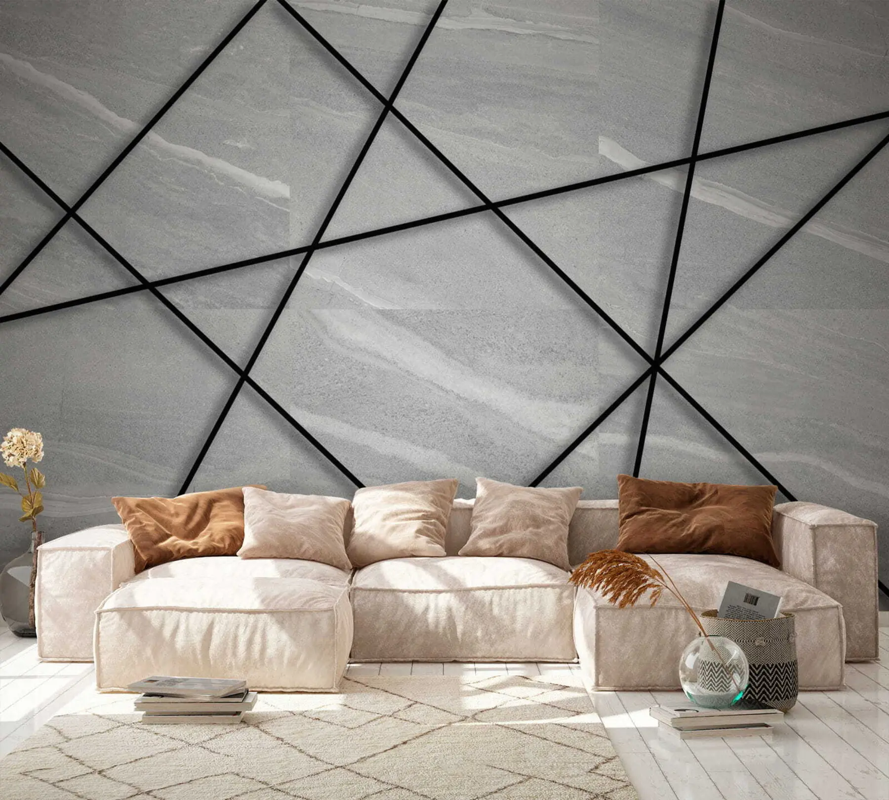 τοιχογραφίες Γκρι μάρμαρο και μαύρες γραμμές u16341