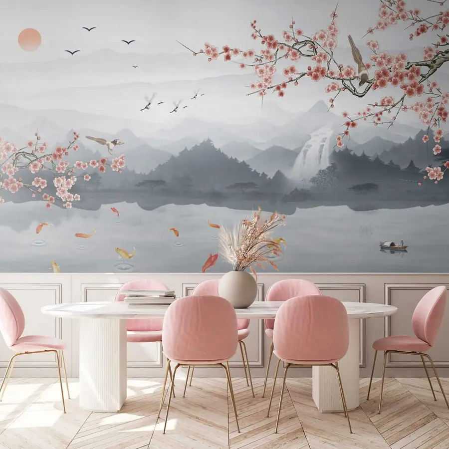 τοιχογραφίες Sakura με φόντο τη λίμνη και τα βουνά u28840