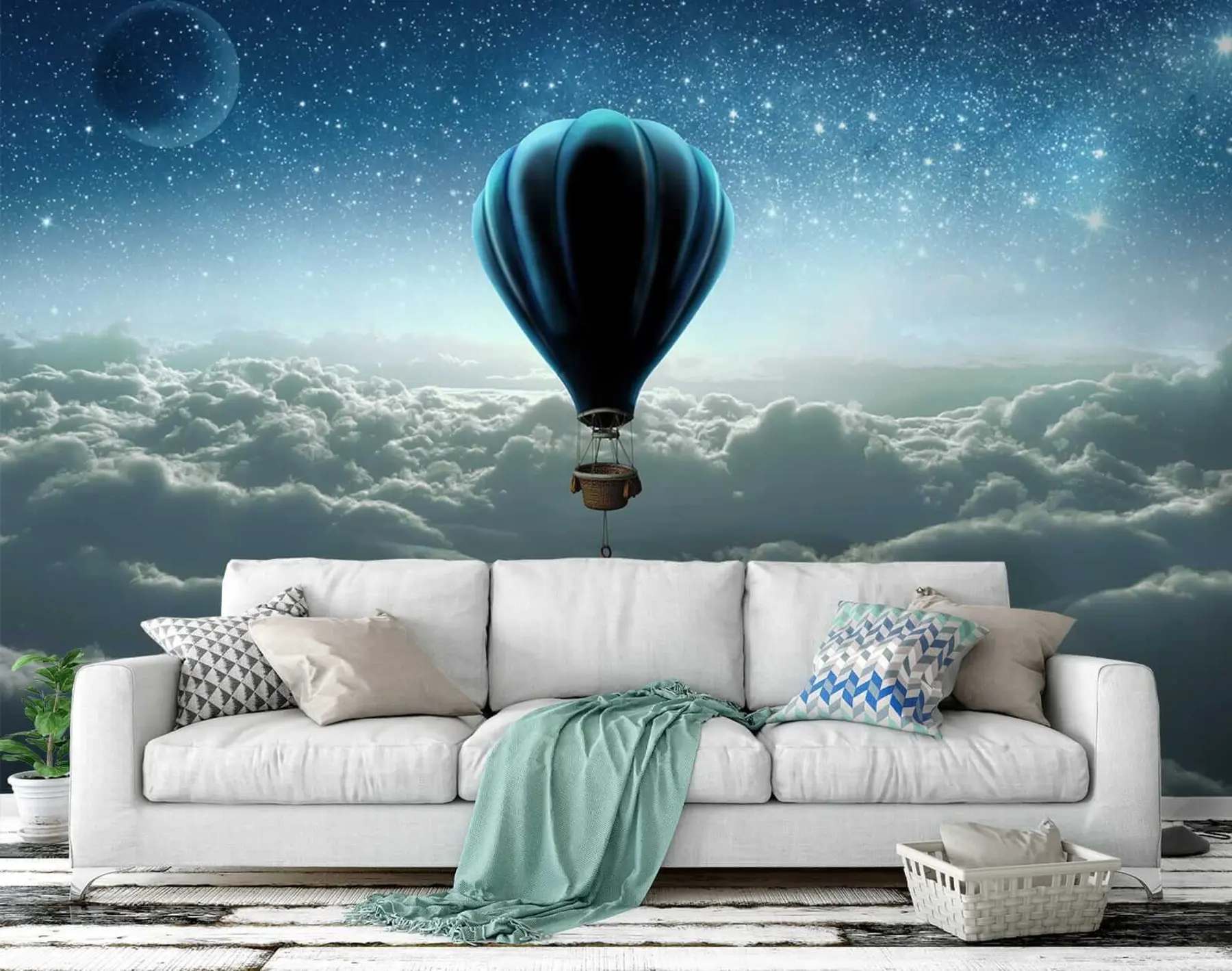 τοιχογραφίες Αερόστατο θερμού αέρα στο φόντο του νυχτερινού ουρανού u70538