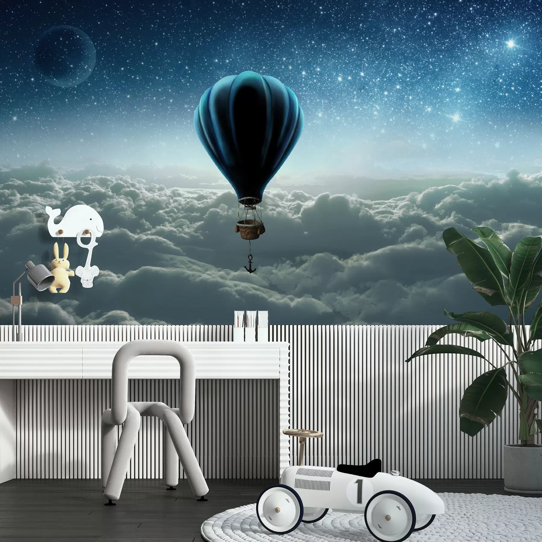 τοιχογραφίες Αερόστατο θερμού αέρα στο φόντο του νυχτερινού ουρανού u70538