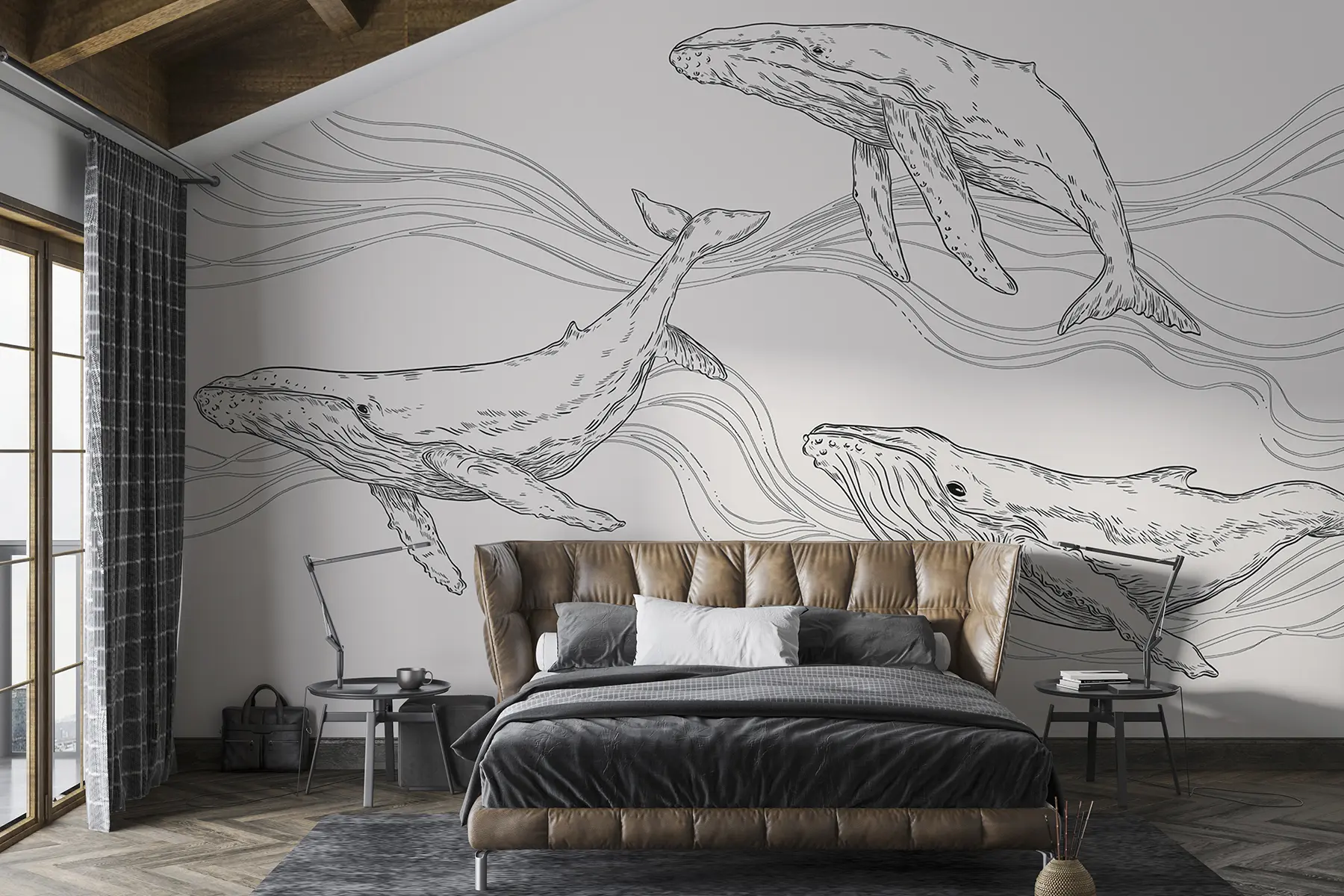τοιχογραφίες Φάλαινες στον ωκεανό, θαλάσσια ζώα, γραμμική τέχνη, μινιμαλισμός, ασπρόμαυρα χρώματα u99733v4