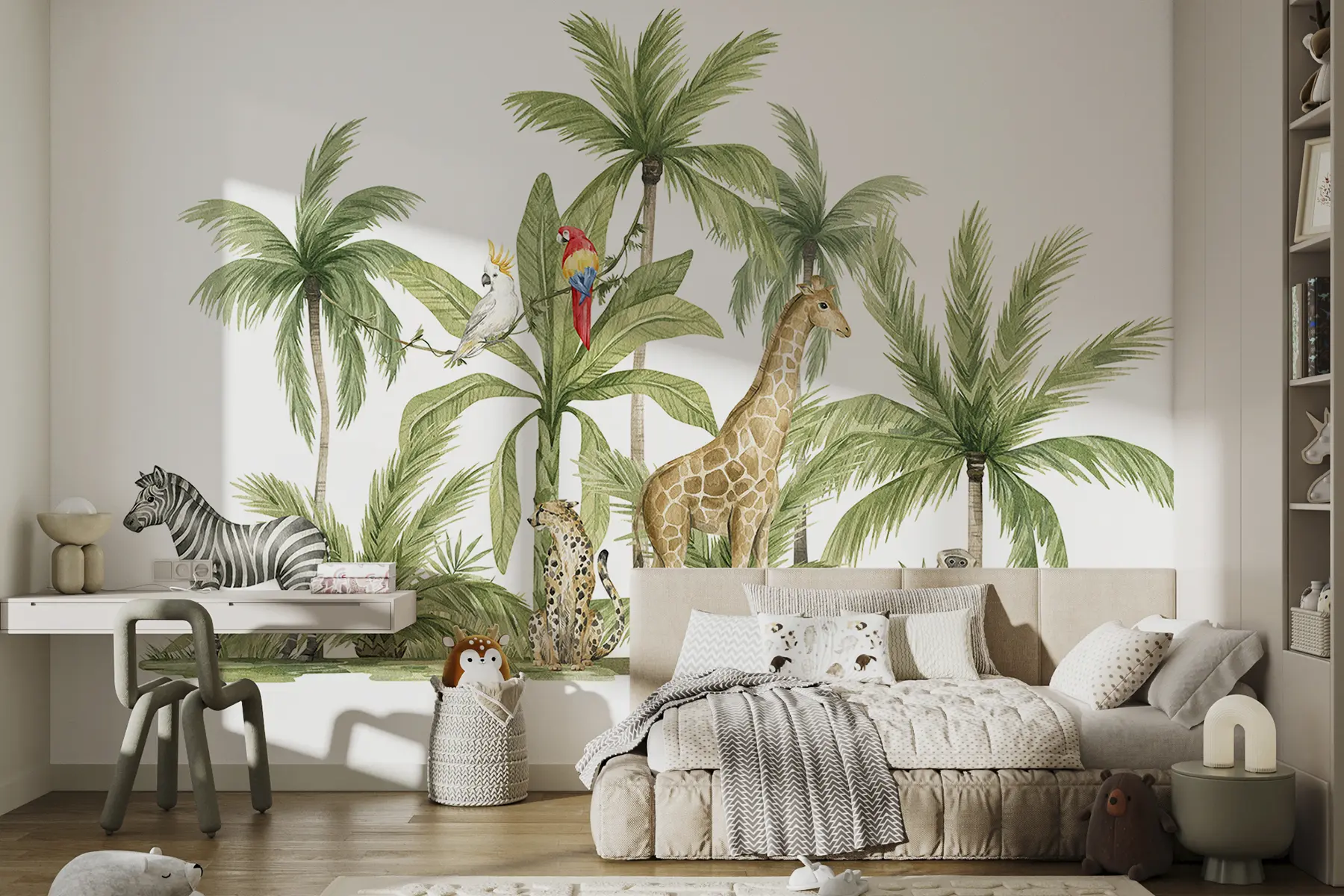 τοιχογραφίες Ζώα σαφάρι, καμηλοπάρδαλη, λεοπάρδαλη, μαϊμού, ζέβρα, φοίνικες, σχέδιο με μολύβι, παπαγάλοι w00085