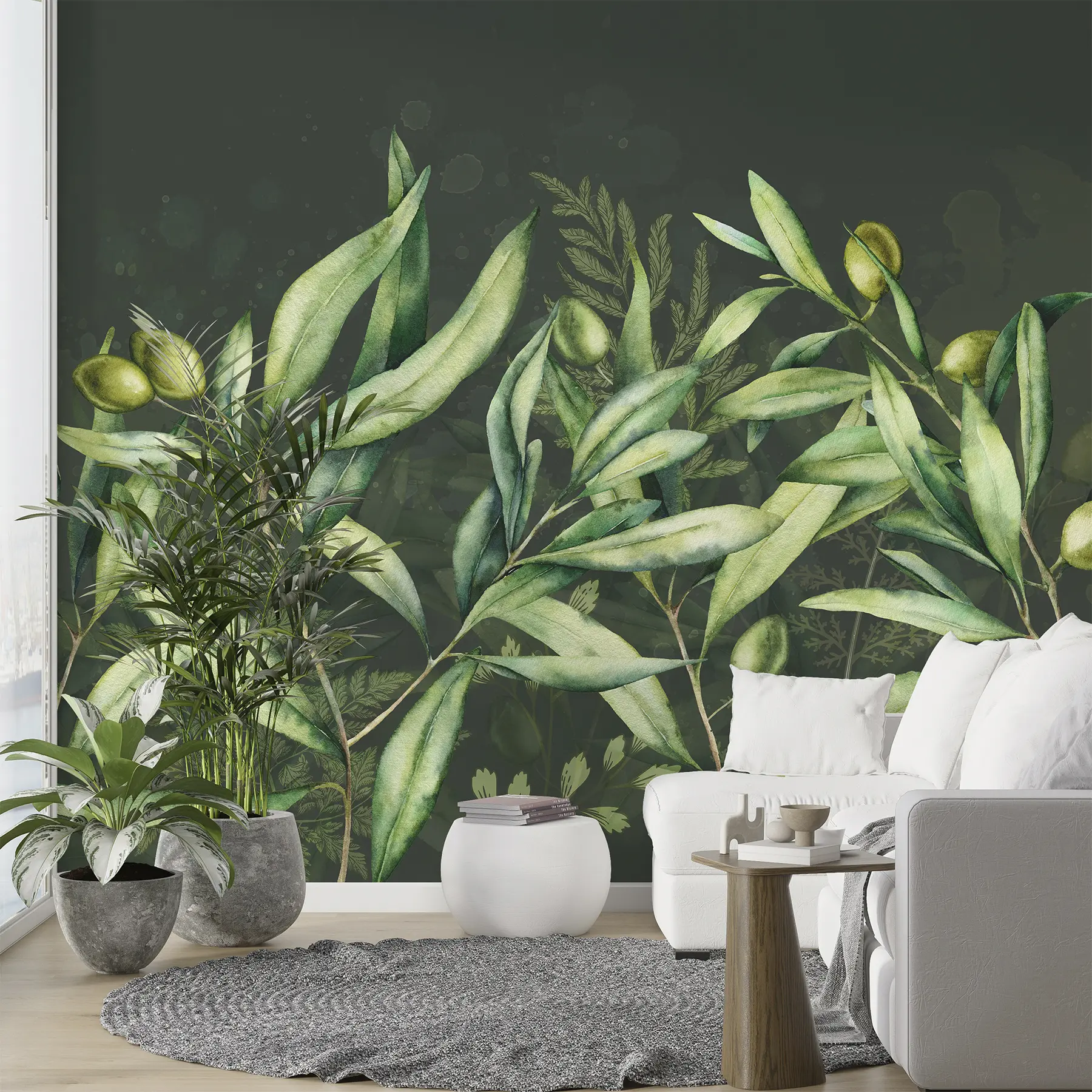 τοιχογραφίες Εικονογράφηση ελιές, floral σχέδιο, τροπικό, ακουαρέλα, μεγάλα φύλλα, σκούρο φόντο  w00407v4