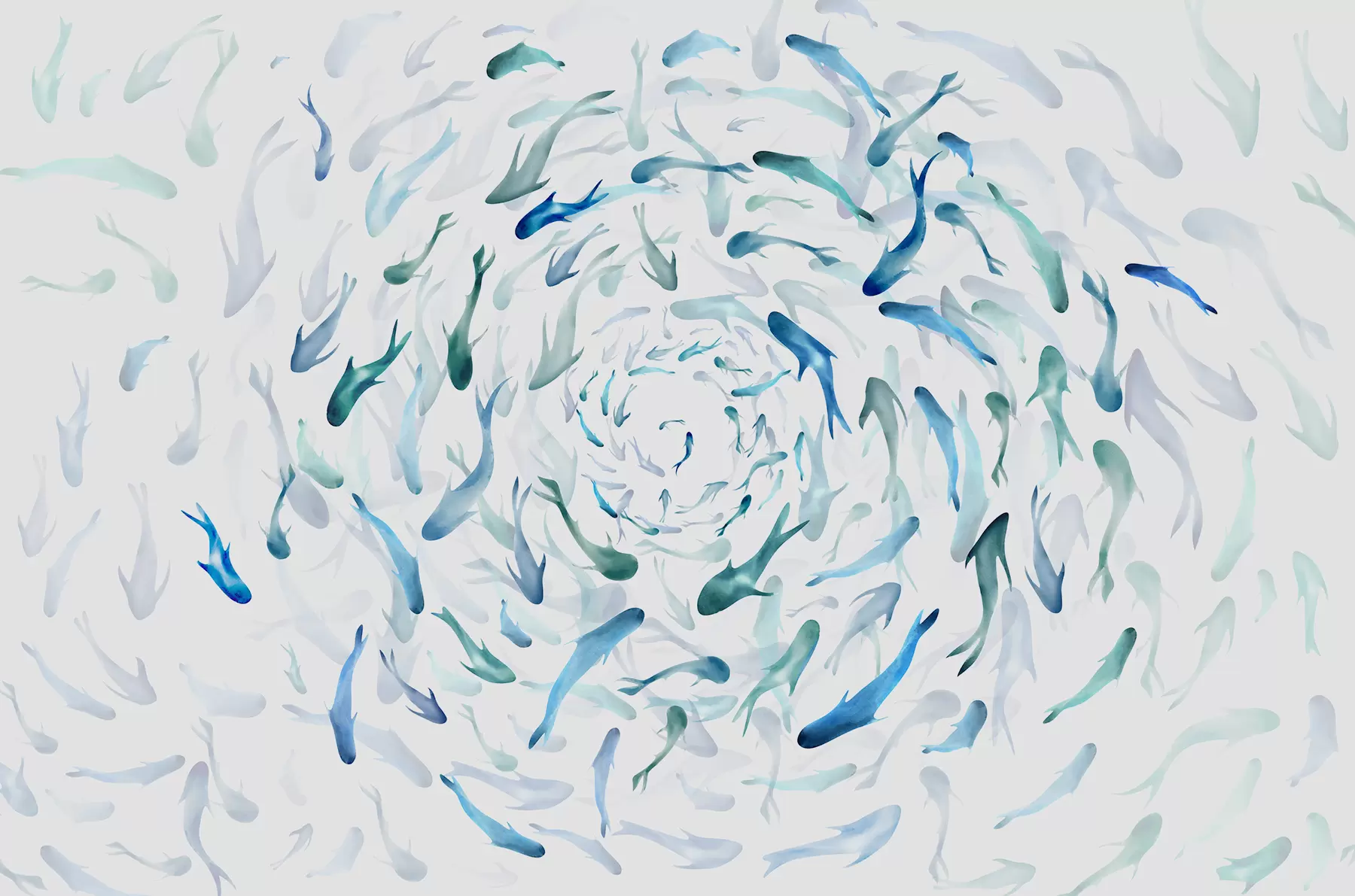 τοιχογραφίες Ψάρια που στροβιλίζονται σε μια δίνη, χορός ψαριών, ακουαρέλα, καρχαρίας, αφηρημένη σύνθεση, μινιμαλισμός, μπλε, πράσινο χρώμα w00510