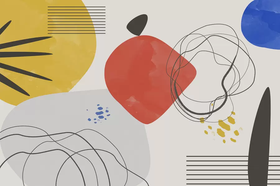 τοιχογραφίες Αφαίρεση μοντέρνο, φωτεινό σημείο, boho, γεωμετρία, τοπογραφία, καμπύλες, γραμμές, κόκκινο, κίτρινο, μπλε, μαύρο w00514