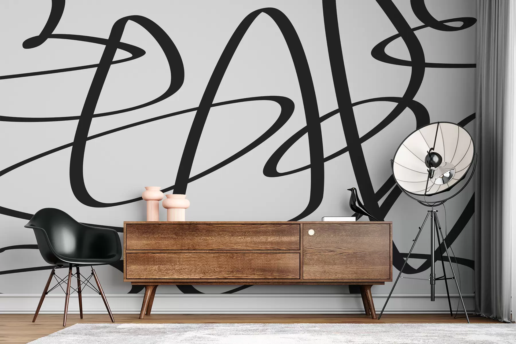 τοιχογραφίες Μαύρη καμπύλη συνεχόμενη στριμμένη γραμμή, μελάνι, αφηρημένη w00583