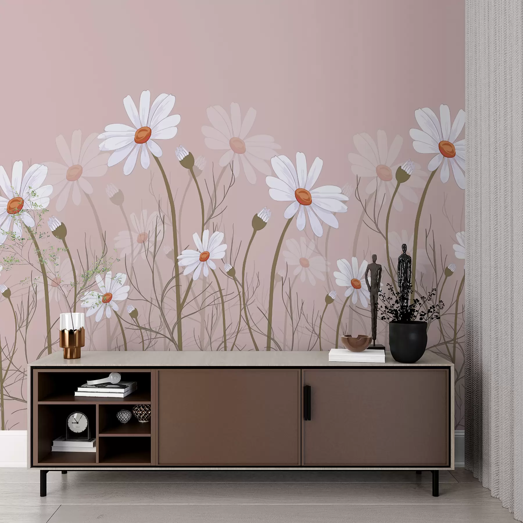 τοιχογραφίες μεγάλες μαργαρίτες σε ροζ φόντο w00802v1