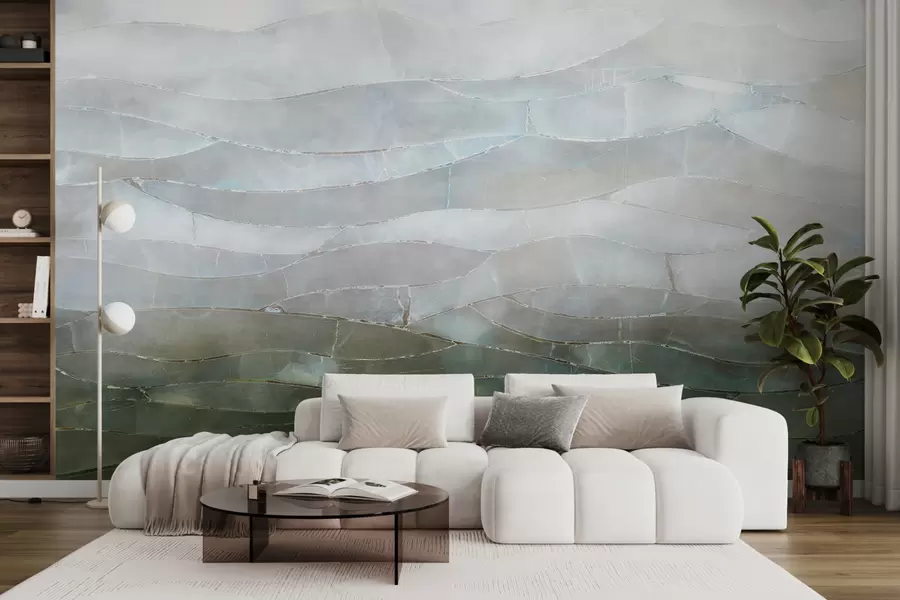 τοιχογραφίες Υφή ομιχλώδες, λοφώδες αφηρημένο τοπίο κλίσης με κυματιστά πράσινα χωράφια μέσα από την ομίχλη w00795