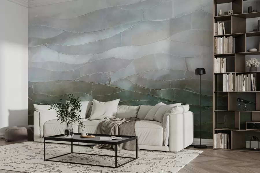 τοιχογραφίες Υφή ομιχλώδες, λοφώδες αφηρημένο τοπίο κλίσης με κυματιστά πράσινα χωράφια μέσα από την ομίχλη w00795