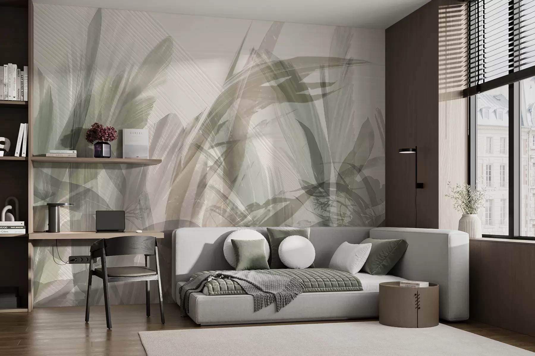 τοιχογραφίες Αφηρημένη πολυσύνθεση θολών μορφών τροπικών φύλλων που μοιάζουν με γρασίδι σε αποχρώσεις του ανοιχτού πράσινου και του γκρι w00798