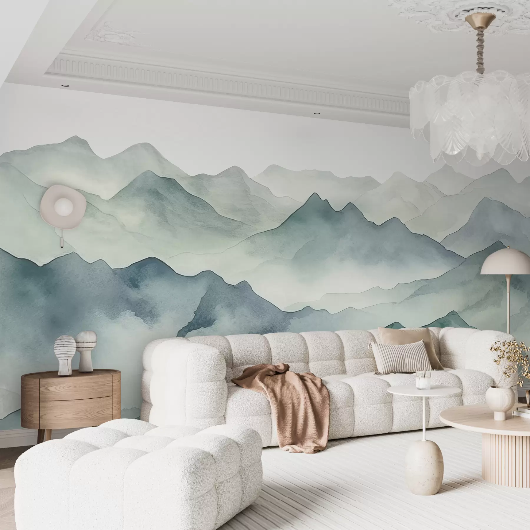 τοιχογραφίες Κορυφές και περάσματα βουνών, ακουαρέλα, τοπίο, τοπίο, μπλε, γκρι χρώμα w00841