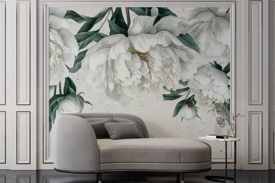 τοιχογραφίες Λευκές μεγάλες παιώνιες με πράσινα φύλλα σε ανοιχτόχρωμο φόντο w00837