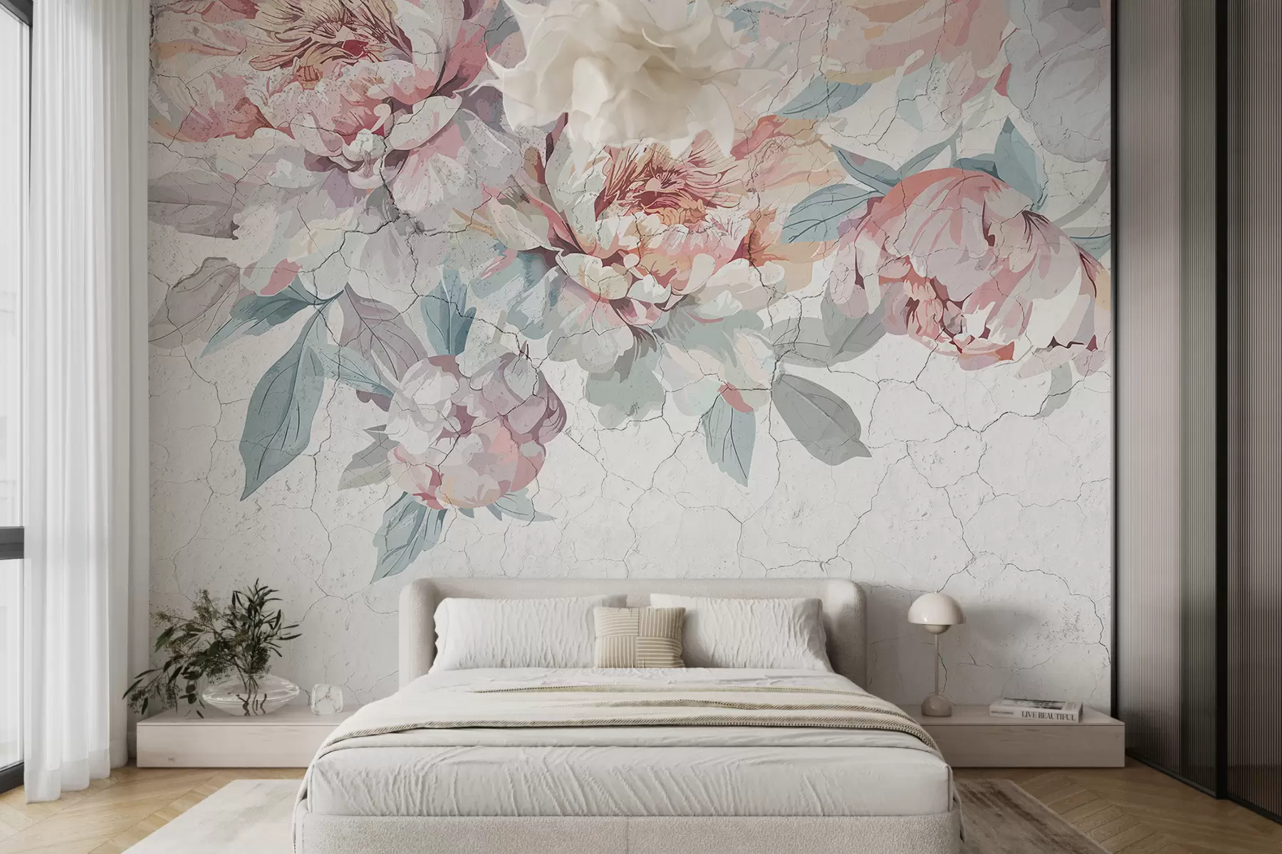 τοιχογραφίες Ένα μπουκέτο από μεγάλα, απαλά παστέλ ροζ και λευκά λουλούδια παιώνιας με πράσινα φύλλα σε ανοιχτόχρωμο φόντο w00896