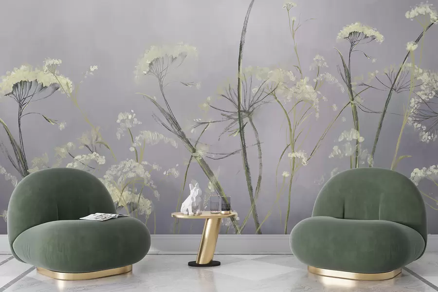 τοιχογραφίες Λευκά αγριολούλουδα σε ένα ομιχλώδες χωράφι με απαλό, θολό γκρι φόντο w00903