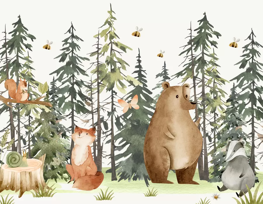 τοιχογραφίες Μια σκηνή του δάσους με ζώα και διάφορα πεύκα στο βάθος w00905