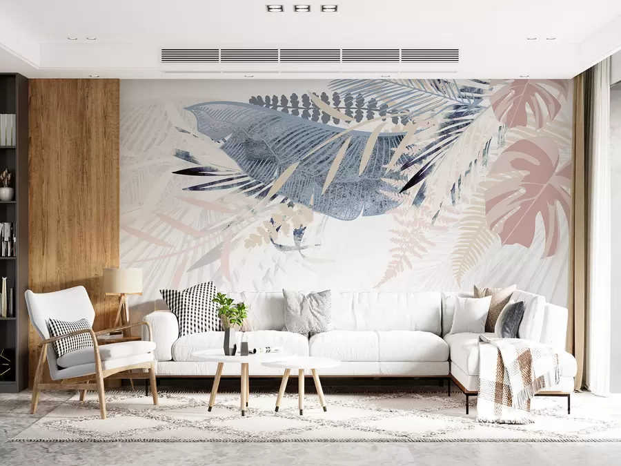 τοιχογραφίες Μοντέρνο μοτίβο βοτανικού σχεδίου με τροπικό ανάγλυφο φύλλο φοίνικα με διάφορες αποχρώσεις του μπλε, του γκρι και του ροζ w00908
