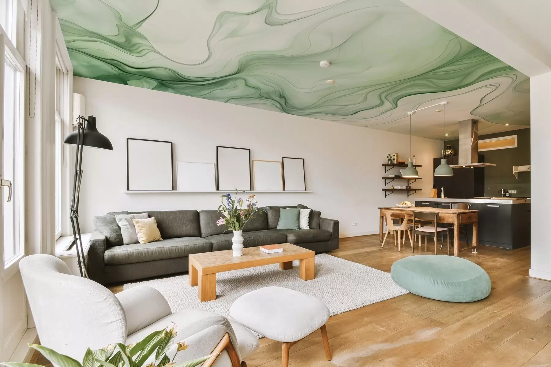 τοιχογραφίες Πράσινα αφηρημένα κύματα σε ανοιχτόχρωμο φόντο w01185