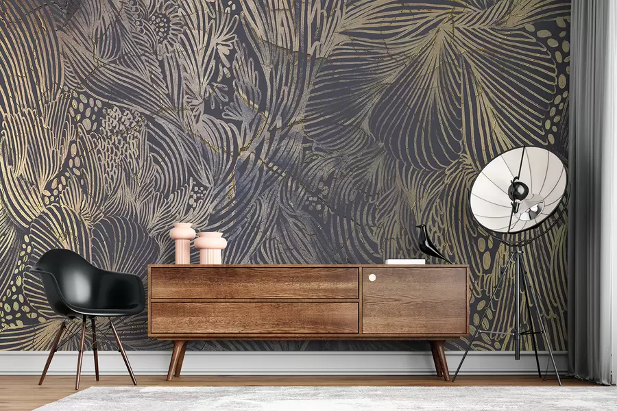 τοιχογραφίες Αφηρημένη πολυτελής εκτύπωση με αλληλοεπικαλυπτόμενα οργανικά σχήματα και γραμμές w01243