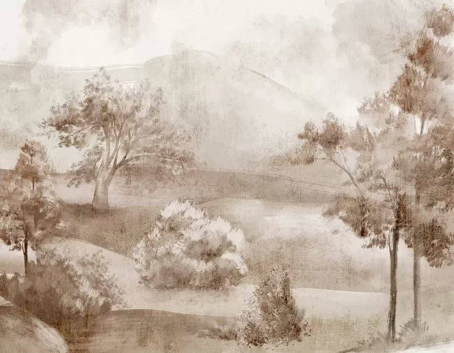 τοιχογραφίες Τοπίο ζωγραφικής μιας ομιχλώδης εξοχής που περιβάλλεται από καταπράσινα δέντρα και φύλλωμα σε αποχρώσεις του καφέ w01247