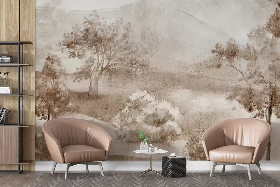 τοιχογραφίες Τοπίο ζωγραφικής μιας ομιχλώδης εξοχής που περιβάλλεται από καταπράσινα δέντρα και φύλλωμα σε αποχρώσεις του καφέ w01247