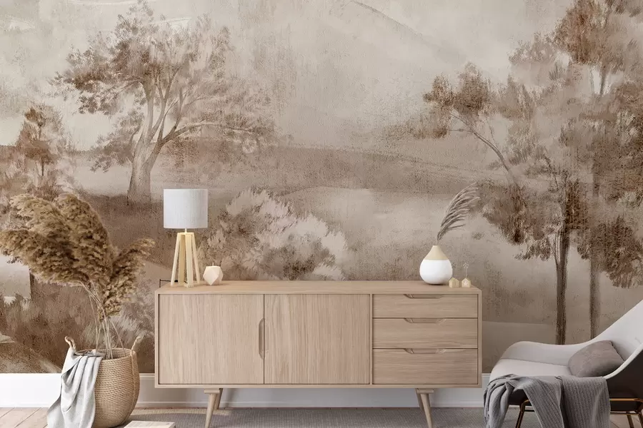 τοιχογραφίες Τοπίο ζωγραφικής μιας ομιχλώδης εξοχής που περιβάλλεται από καταπράσινα δέντρα και φύλλωμα σε αποχρώσεις του καφέ w01247