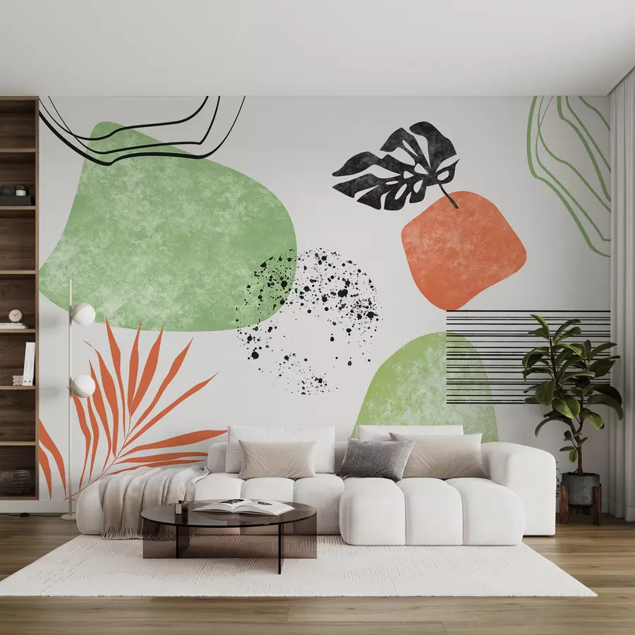τοιχογραφίες Αφαίρεση Boho, λεκέδες υφής, καμπύλες γραμμές, τροπικά φύλλα, λεκέδες μελανιού, μαύρο, πράσινο και κόκκινο χρώμα w01298