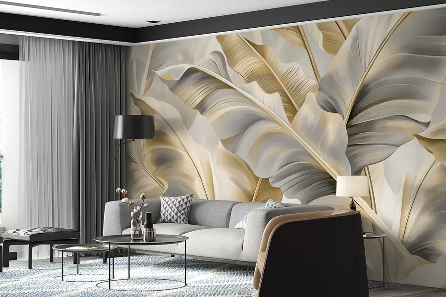 τοιχογραφίες πολυτελή μεγάλα φύλλα μπανάνας σε γκρι-μπεζ τόνους w07876