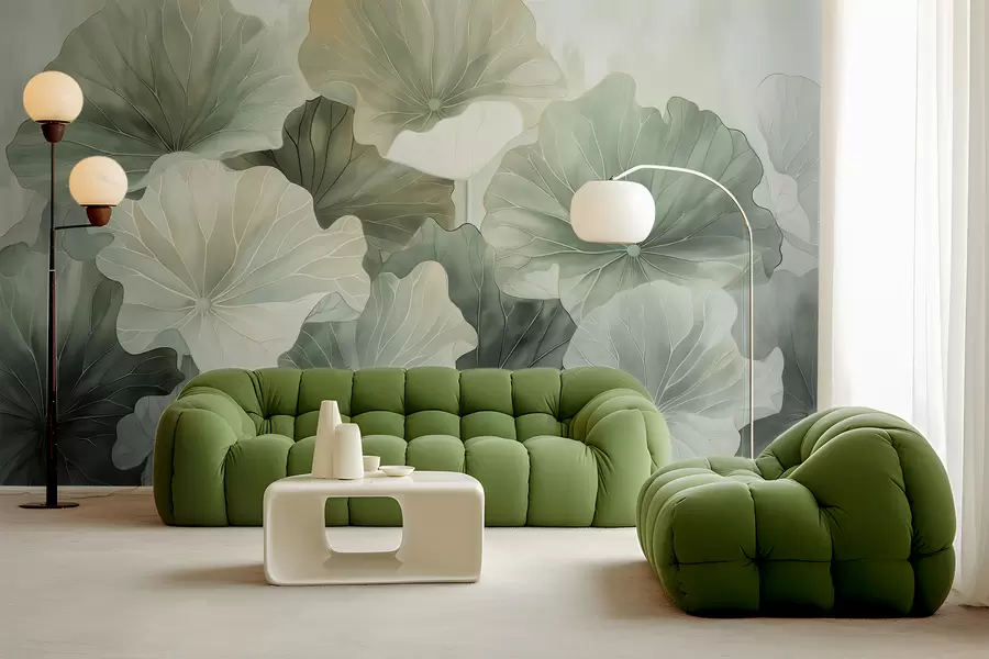 τοιχογραφίες Μεγάλα φύλλα λωτού είναι ζωγραφισμένα με ακουαρέλες w07938v1