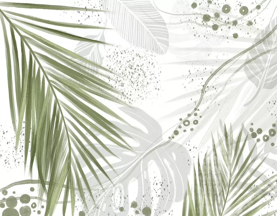 τοιχογραφίες Τροπικά πράσινα φύλλα και φύλλα φοίνικα, με αφηρημένα σχήματα και πιτσιλιές σε αποχρώσεις του πράσινου και του λευκού w07918