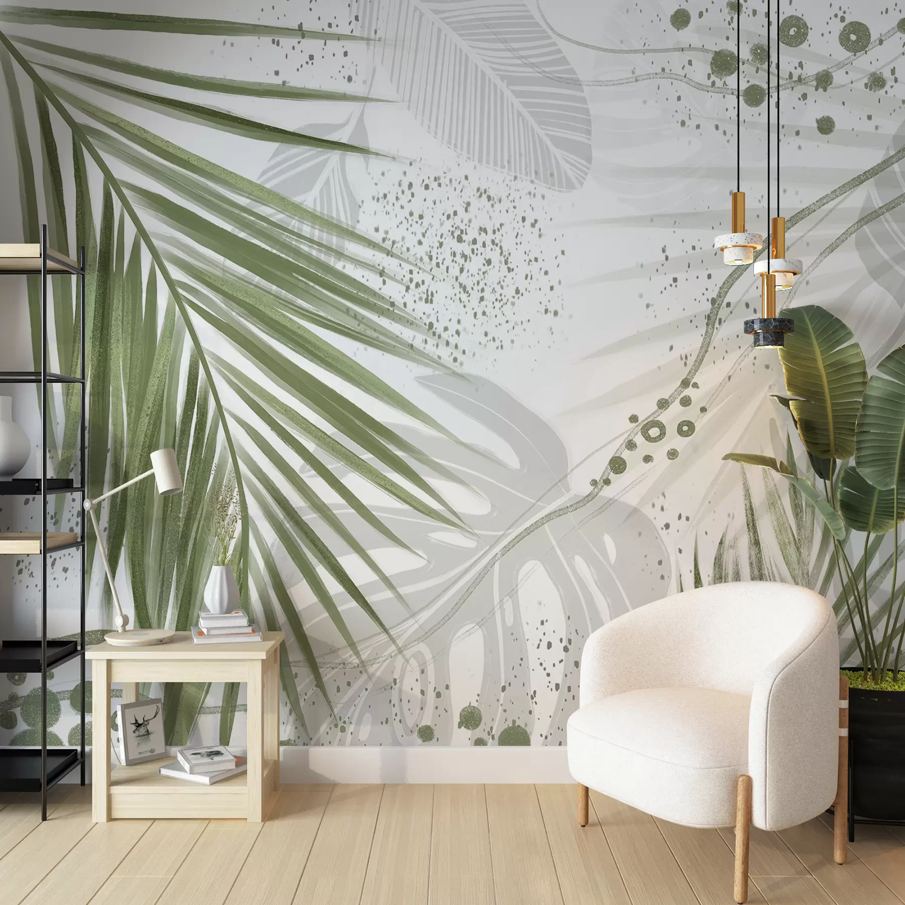 τοιχογραφίες Τροπικά πράσινα φύλλα και φύλλα φοίνικα, με αφηρημένα σχήματα και πιτσιλιές σε αποχρώσεις του πράσινου και του λευκού w07918