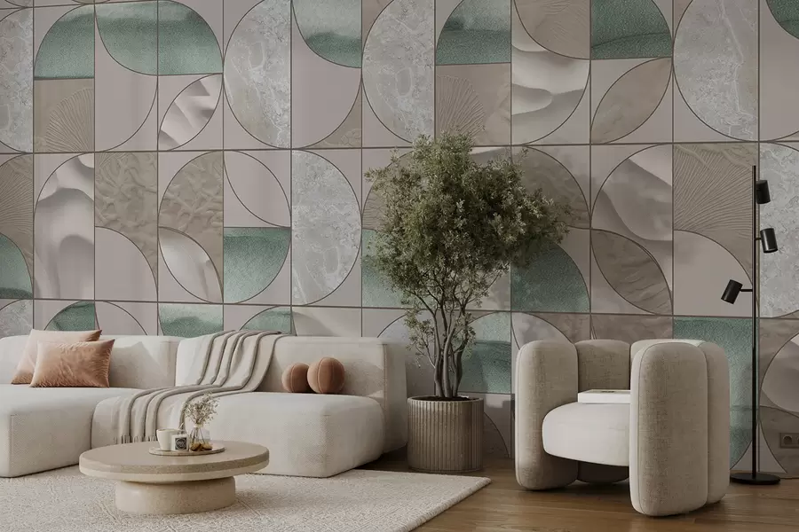 τοιχογραφίες Ένα γεωμετρικό σχέδιο από πράσινες, μπεζ και λευκές υφές διατεταγμένες σε επαναλαμβανόμενο αφηρημένο σχέδιο w07928