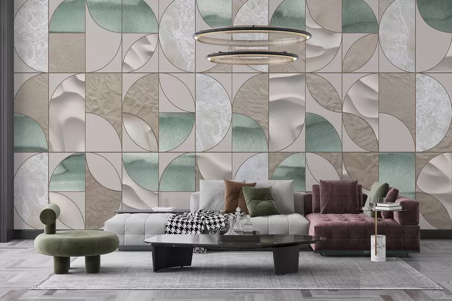 τοιχογραφίες Ένα γεωμετρικό σχέδιο από πράσινες, μπεζ και λευκές υφές διατεταγμένες σε επαναλαμβανόμενο αφηρημένο σχέδιο w07928