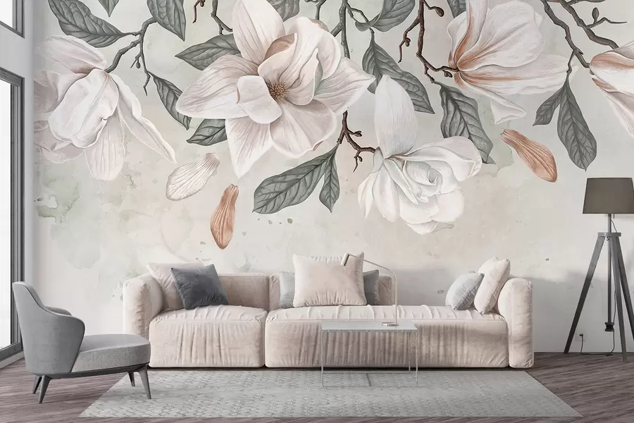 τοιχογραφίες Λεπτά ροζ και λευκά άνθη μανόλιας με πράσινα φύλλα σε ανοιχτόχρωμο φόντο, μια απαλή, λουλουδάτη σύνθεση w07977