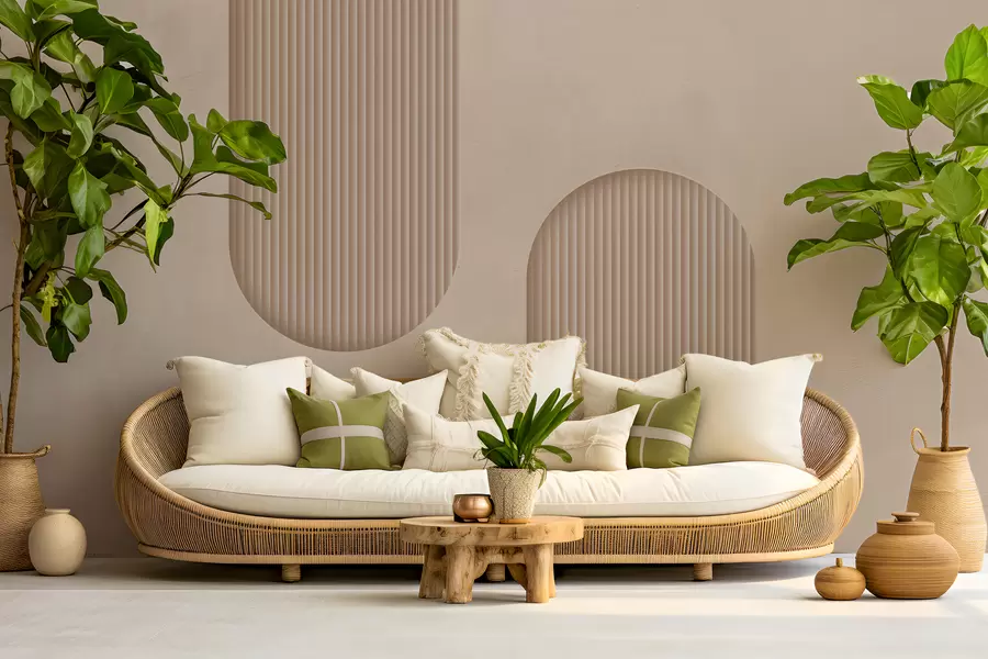 τοιχογραφίες Ταπετσαρία με υφή Art Deco σε ζεστούς μπεζ τόνους. Απομίμηση ογκομετρικών τόξων    w08048