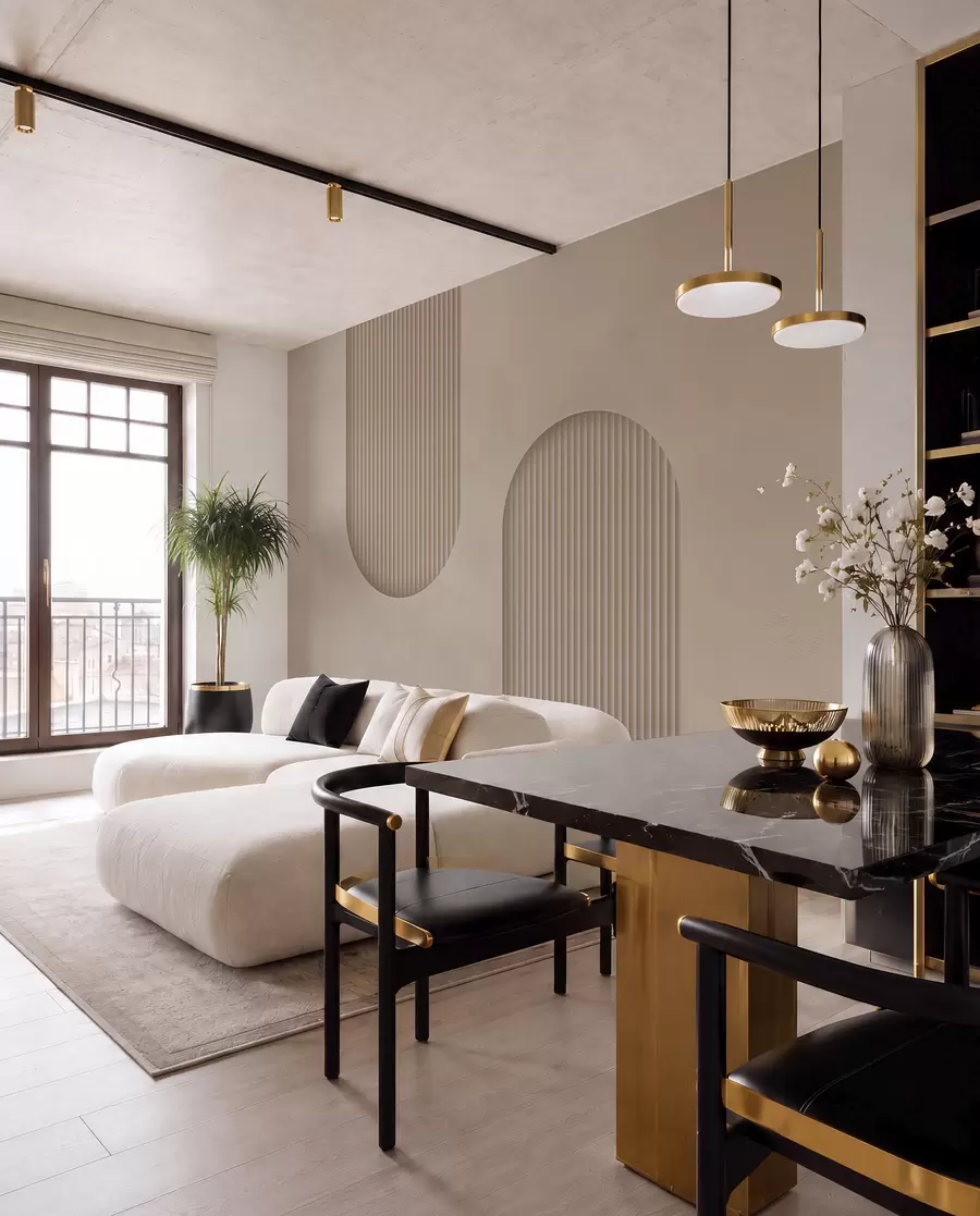 τοιχογραφίες Ταπετσαρία με υφή Art Deco σε ζεστούς μπεζ τόνους. Απομίμηση ογκομετρικών τόξων    w08048