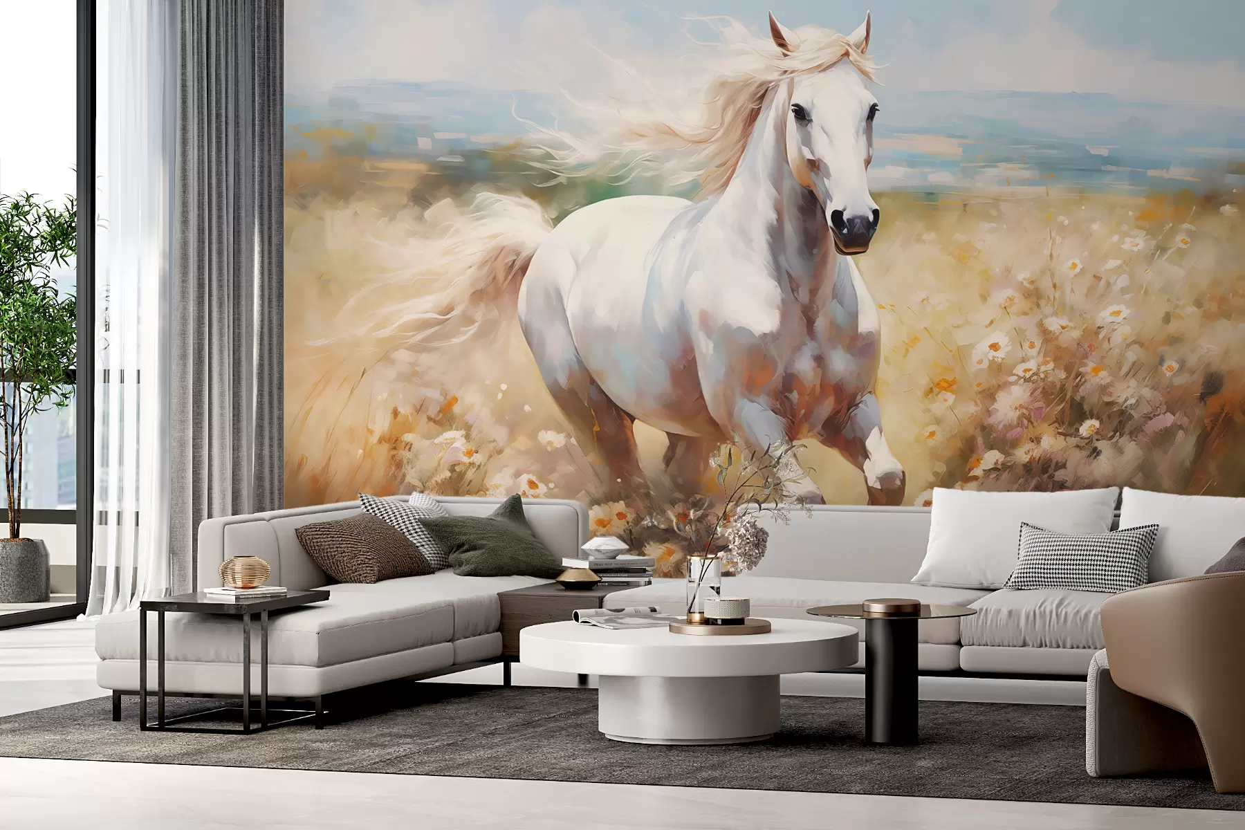 τοιχογραφίες Λευκό άλογο που καλπάζει στο λιβάδι ελαιογραφία w08118