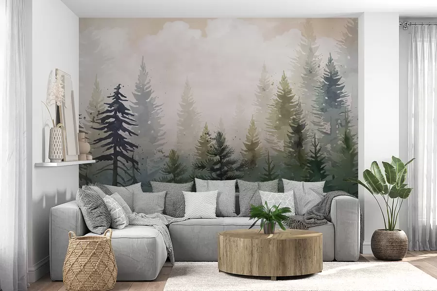 τοιχογραφίες Δάσος από ψηλά αειθαλή πεύκα σε ένα ομιχλώδες περιβάλλον και γεμάτο μαλακό, μουντό τοπίο με σύννεφα w08160