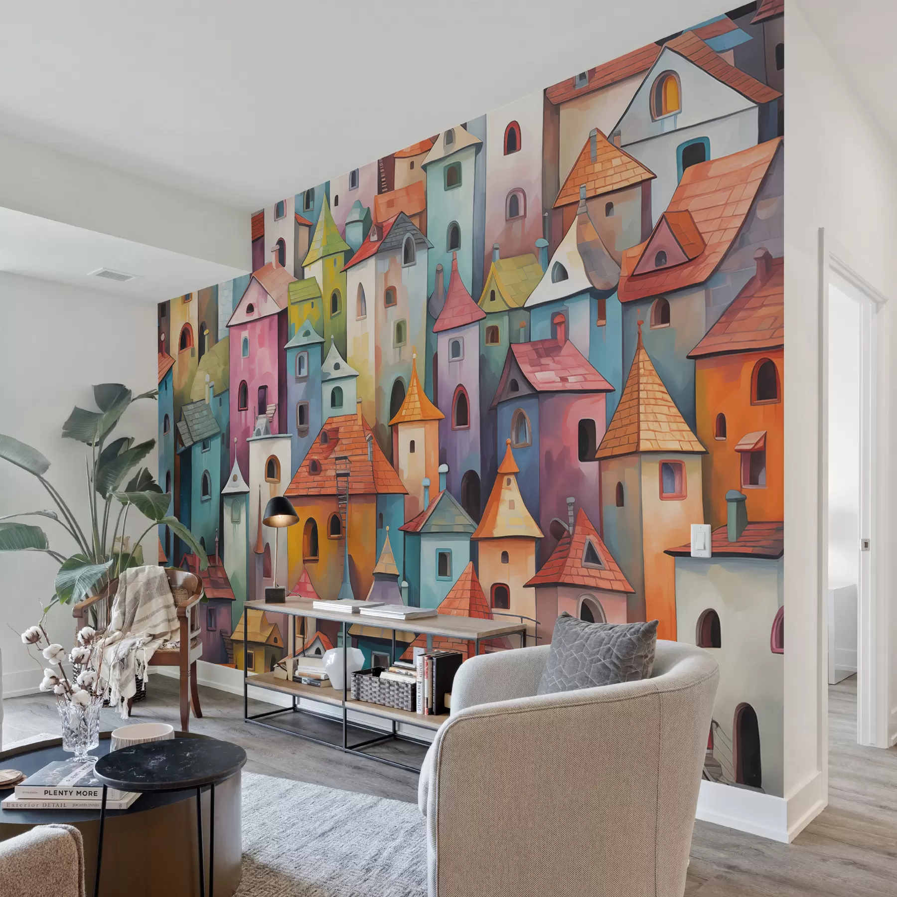 τοιχογραφίες Πολύχρωμα φωτεινά σπίτια απομίμηση ζωγραφικής με πινελιές w00946