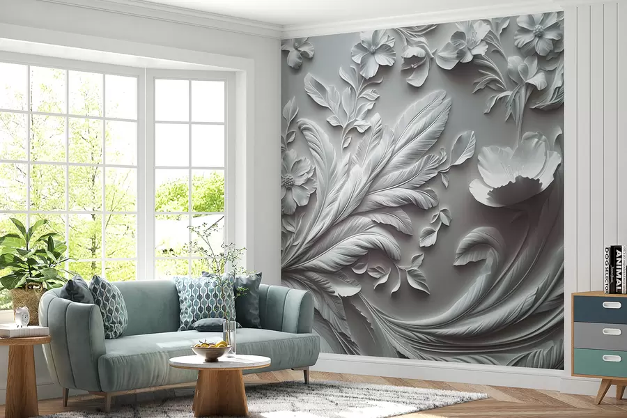τοιχογραφίες Εξαιρετικά ανασηκωμένα άνθη και φύλλα σε γκρι τόνους w01356v2