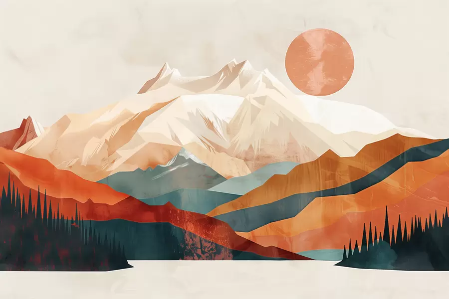 τοιχογραφίες Boho bliss: ένα γαλήνιο τοπίο με βουνά, δέντρα και ήλιο w01358