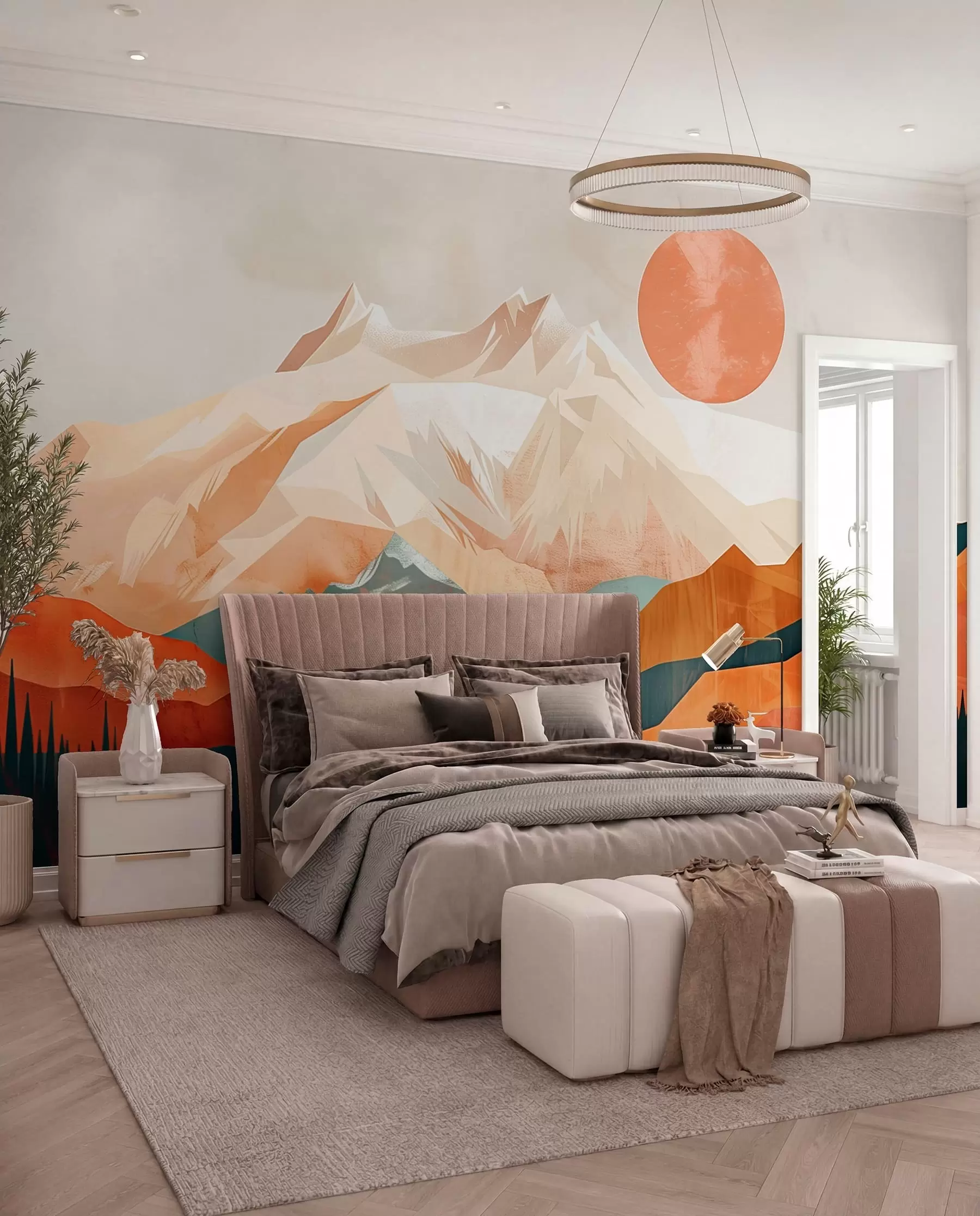 τοιχογραφίες Boho bliss: ένα γαλήνιο τοπίο με βουνά, δέντρα και ήλιο w01358