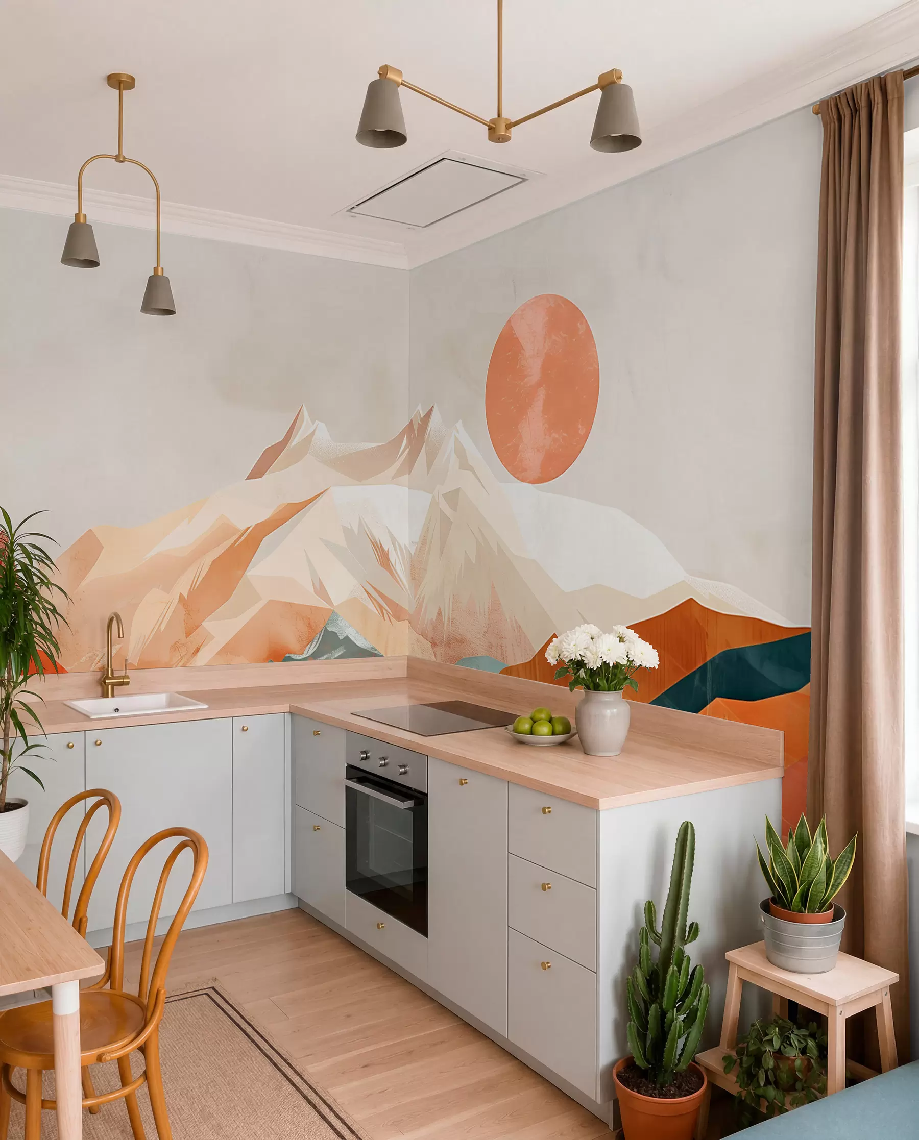 τοιχογραφίες Boho bliss: ένα γαλήνιο τοπίο με βουνά, δέντρα και ήλιο w01358