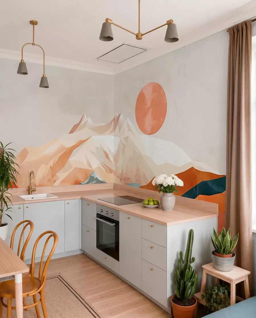 τοιχογραφίες Boho bliss: ένα γαλήνιο τοπίο με βουνά, δέντρα και ήλιο w01358