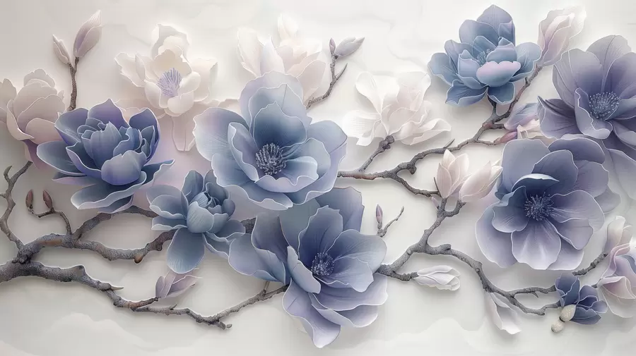 τοιχογραφίες Μπλε ανάγλυφα λουλούδια μανόλια σε ένα χαριτωμένο κλαδί w01359v1