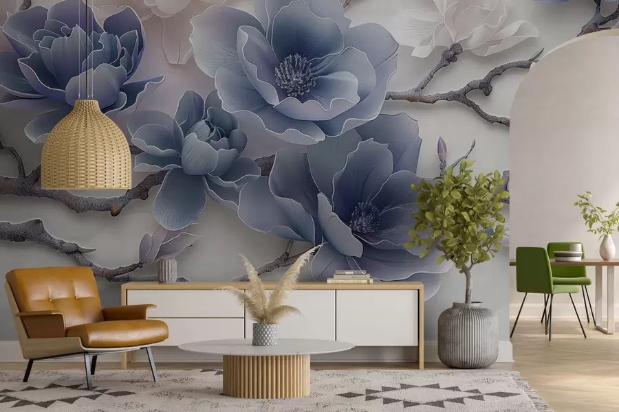 τοιχογραφίες Μπλε ανάγλυφα λουλούδια μανόλια σε ένα χαριτωμένο κλαδί w01359v1