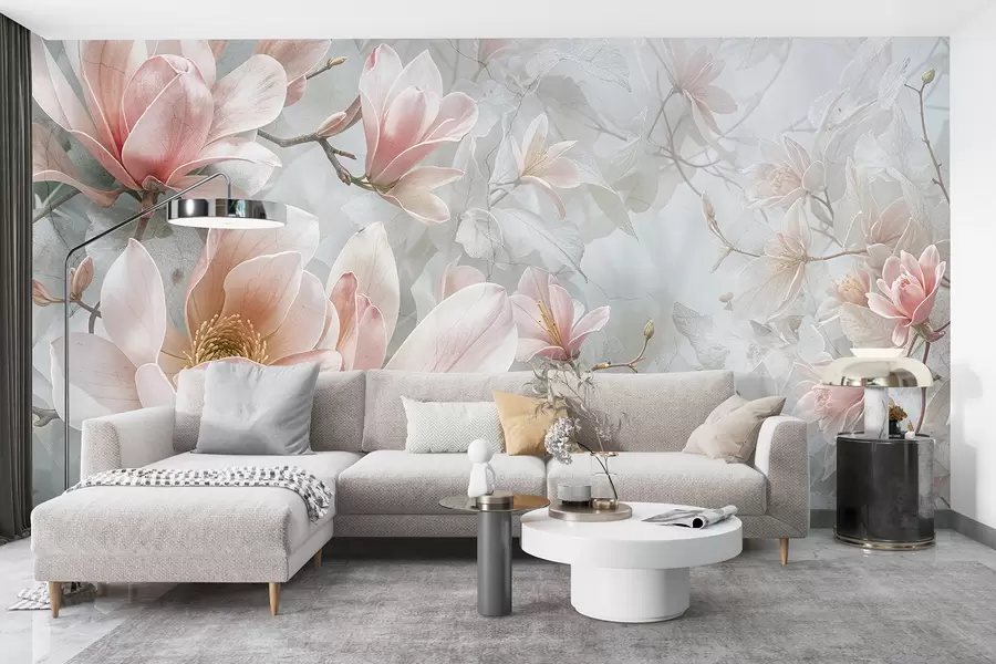 τοιχογραφίες Λεπτά ροζ λουλούδια μανόλιας που ανθίζουν σε ένα απαλό, θολό λουλουδάτο γκρι φόντο w08192