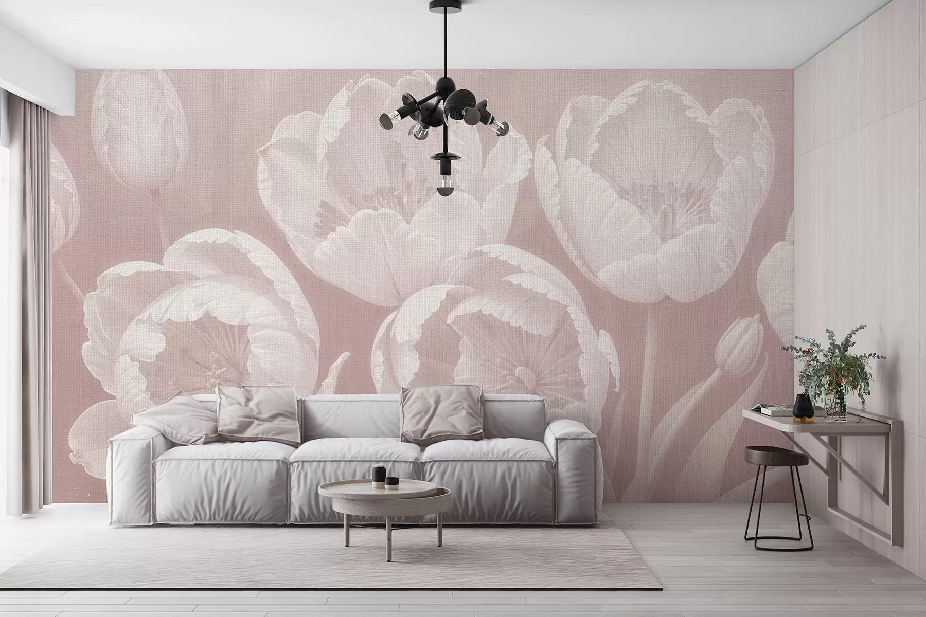 τοιχογραφίες Σχέδιο από λευκές τουλίπες με απαλή, καμβά ανάγλυφη μπεζ θολή φόντο μινιμαλιστική μονόχρωμη εκτύπωση w08193