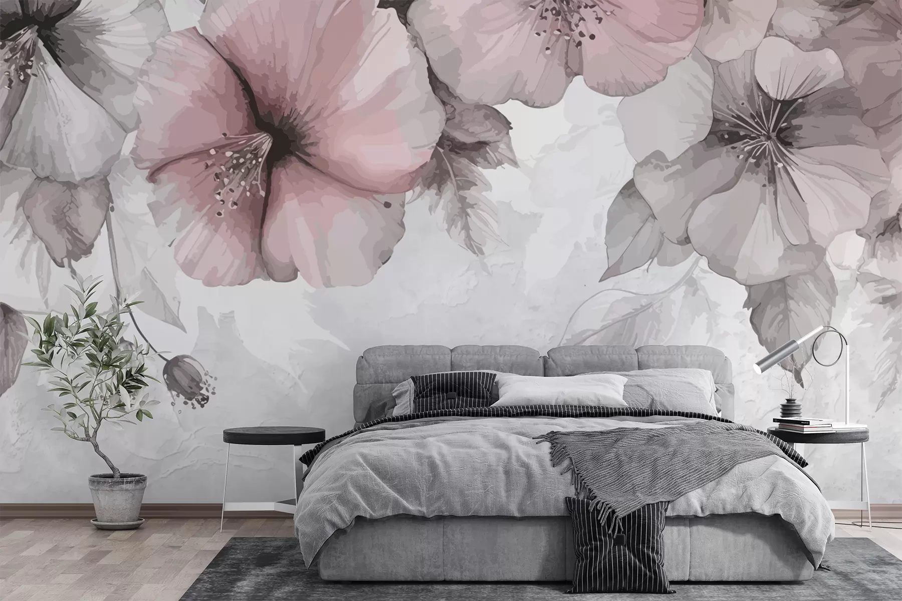 τοιχογραφίες μεγάλα γκρι-ροζ λουλούδια σε τσιμεντένιο φόντο w01401v1