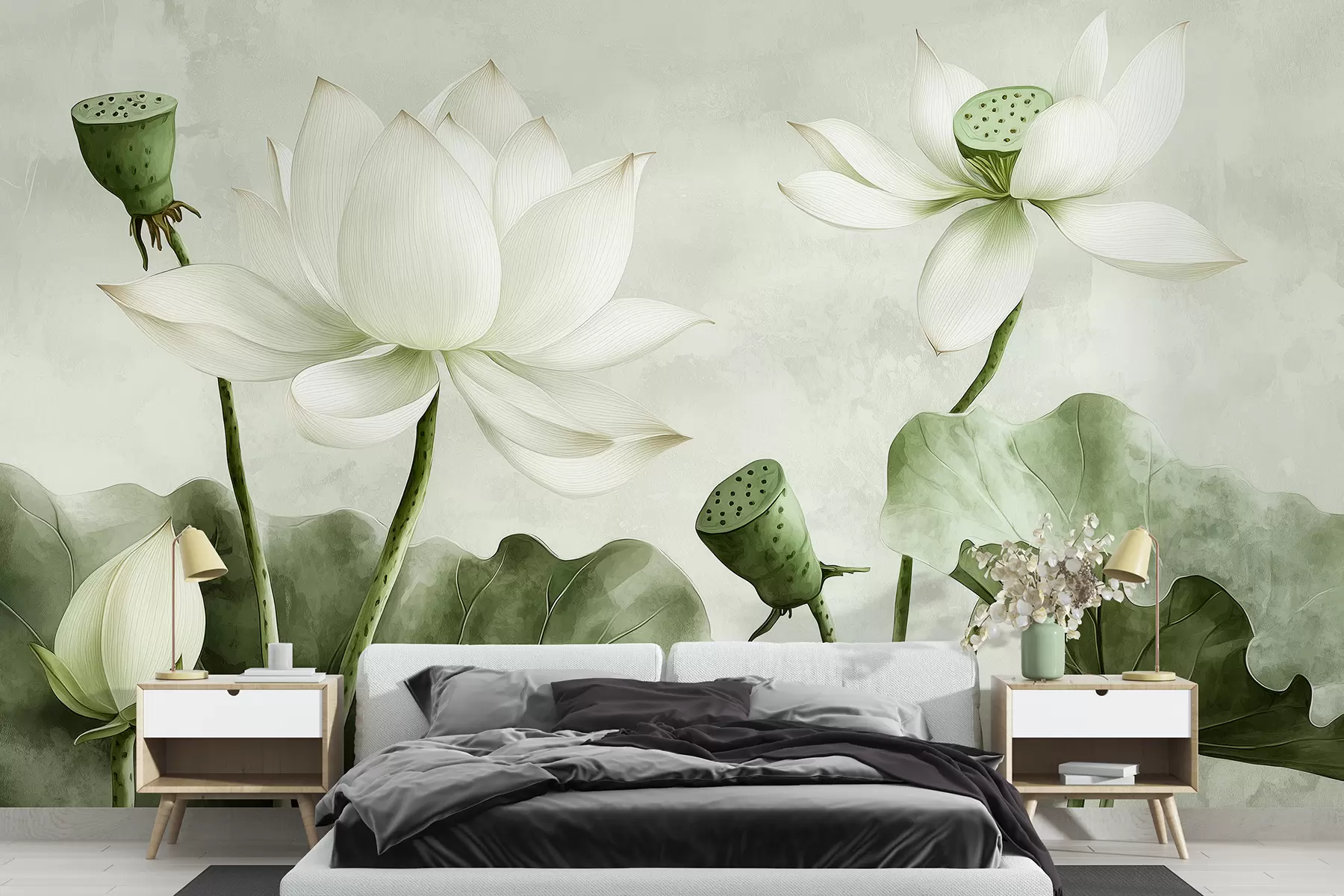 τοιχογραφίες Άνθη λωτού, ακουαρέλα, φύση, λουλουδάτη σύνθεση, μεγάλα φύλλα, απαλά πράσινα χρώματα w01445v2
